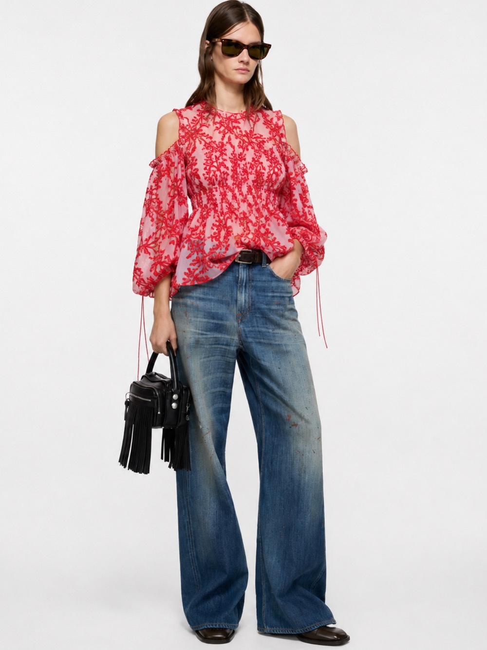 Cecilie Bahnsen FRUMA Pink Red Floral Organza Cold Shoulder Smocked Blouse UK10